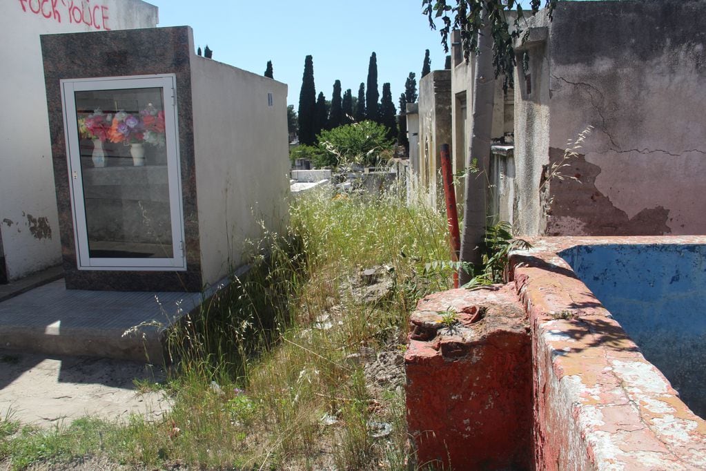 Una de las calles internas del cementerio de Punta Alta junto a lo que supo ser un estanque.