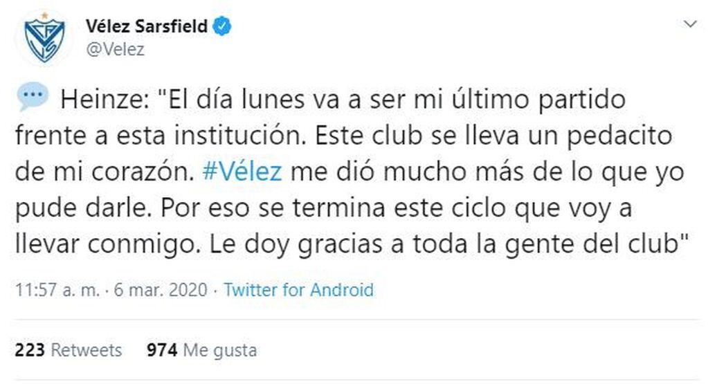 Gabriel Heinze anunció que dejará de ser el entrenador de Vélez. (Twitter/@Velez)