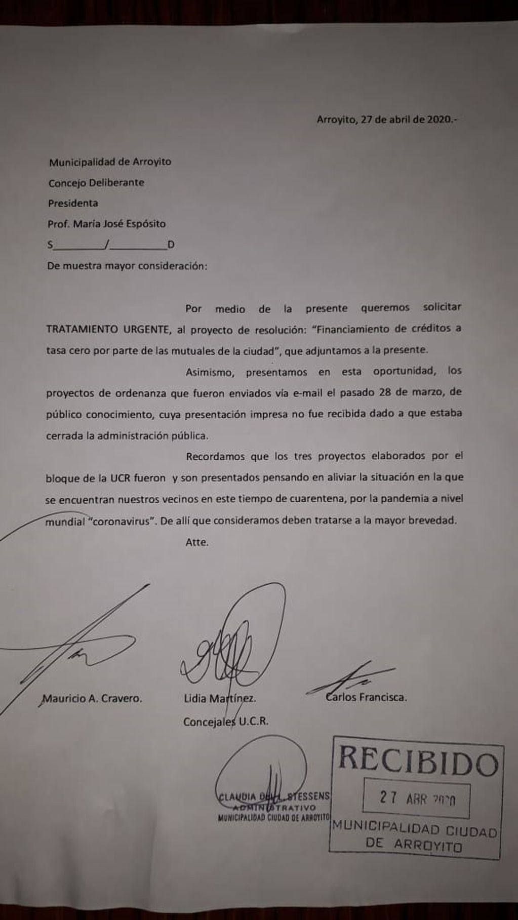 Carta presentada por el Bloque de la UCR Arroyito