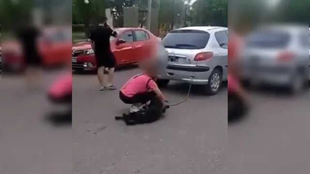 Una mujer arrastró su perro por el asfalto.