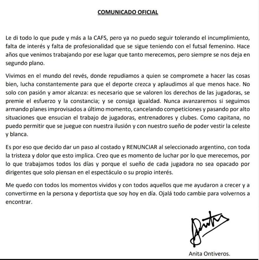 Carta de renuncia Anita Ontiveros.