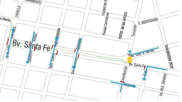 Mapa de los cortes de calles por la celebración de los 140 años de Rafaela