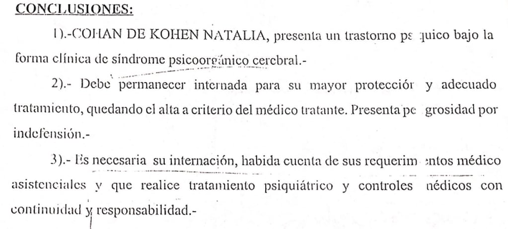 Conclusiones de los médicos forenses que visitaron a la paciente en su internación.