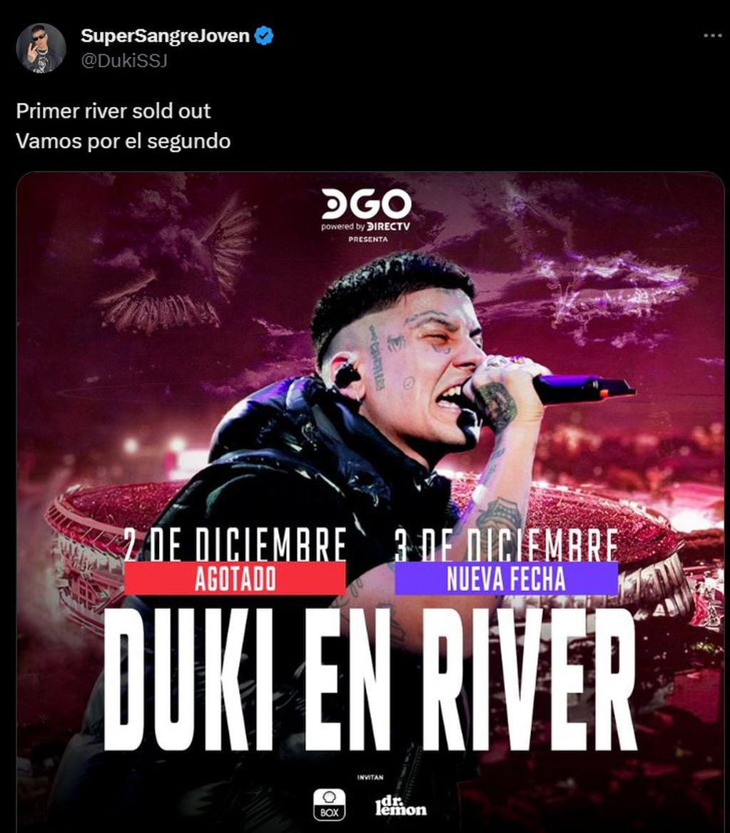 Duki anuncia su primer River sold out
