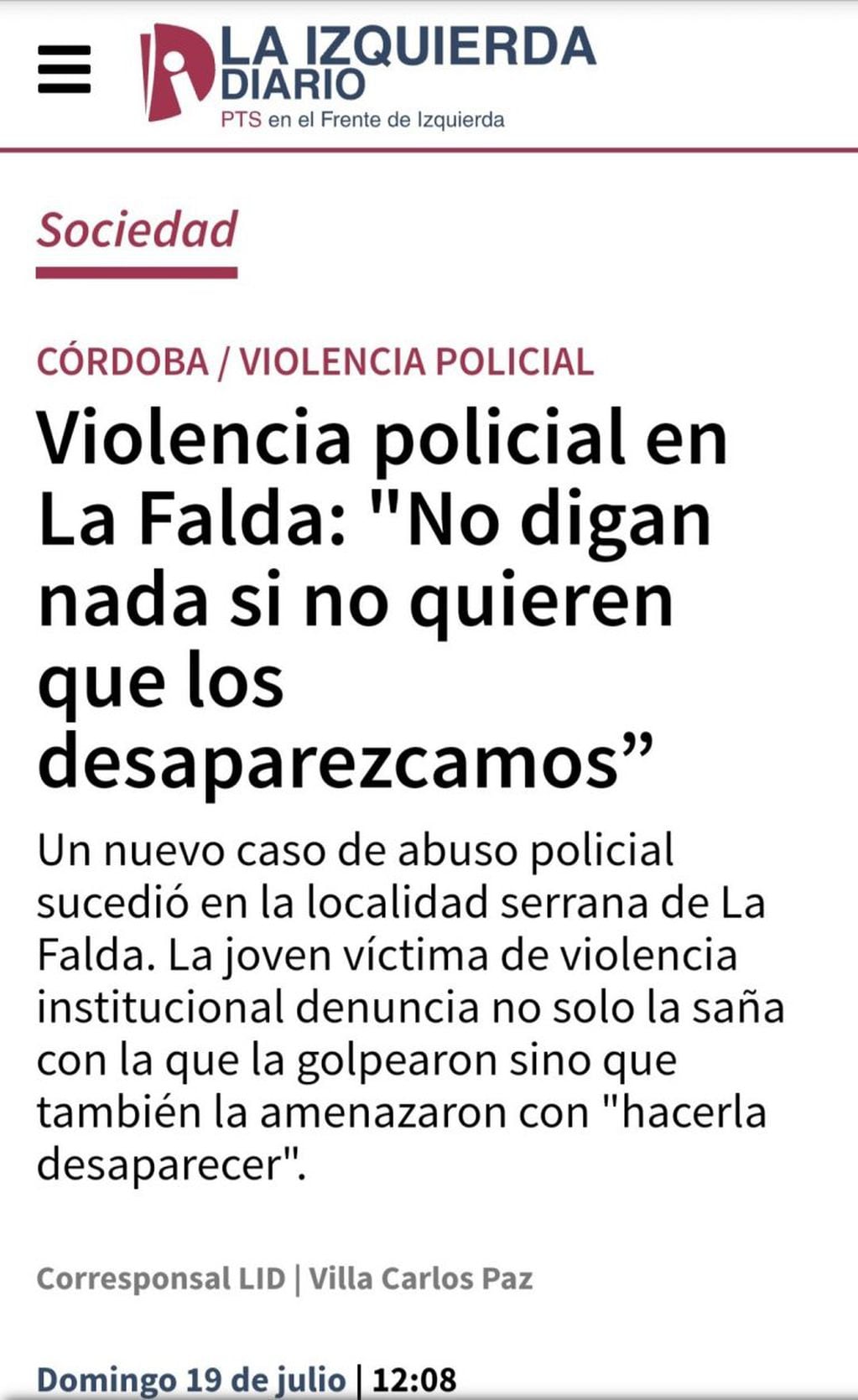 Portal "La Izquierda Diario", emitido el pasado 19 de julio.