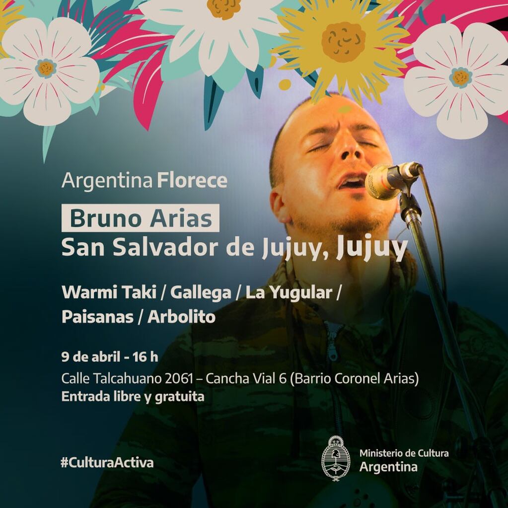 Pieza gráfica que anuncia la presentación del músico carmense Bruno Arias en San Salvador de Jujuy el sábado próximo.