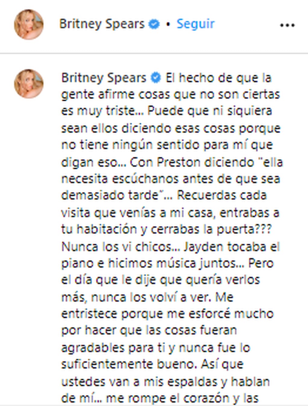 El escrito que compartió Britney Spears tras los dichos de sus hijos y su exesposo.