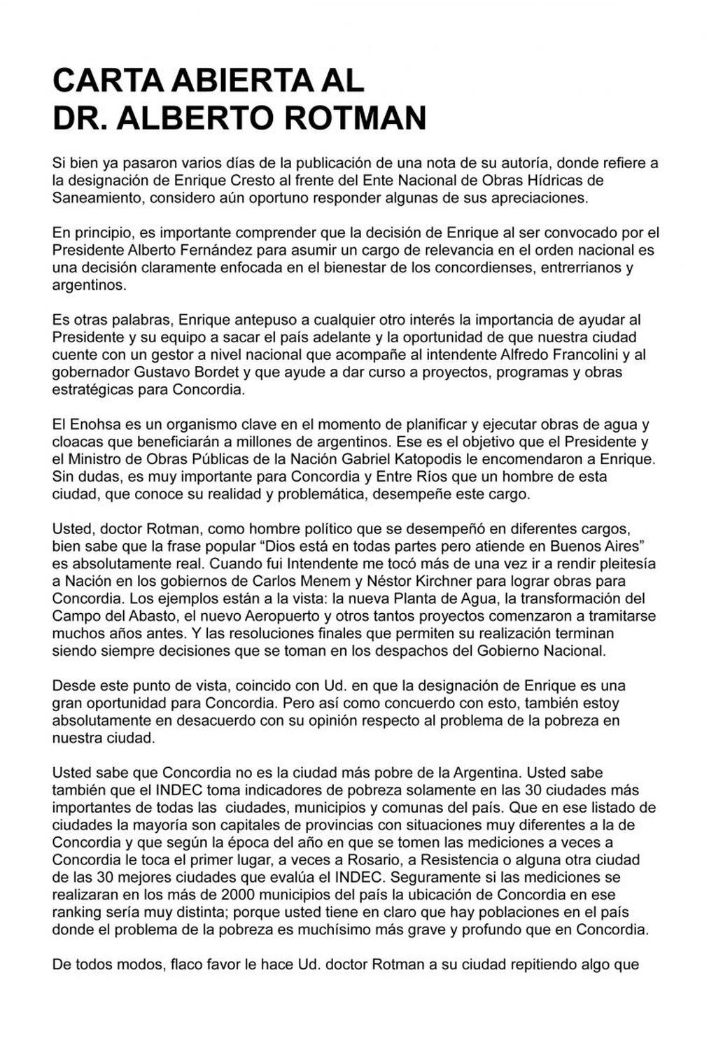 Carta Abierta de Enrique Cresto a Alberto Rotman.