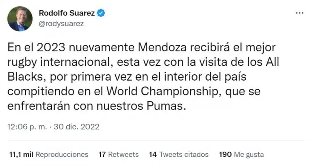 Los Pumas vs All Blacks en Mendoza confirmado por el Gobernador Rodolfo Suárez.