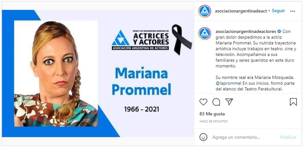 El mensaje que compartió la Asociación Argentina de Actores para despedir a la actriz. (Foto: Instagram)
