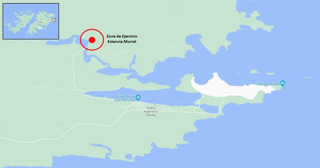 Posición de la zona de ejercicios. Estancia Murrel, al norte de Puerto Argentino.