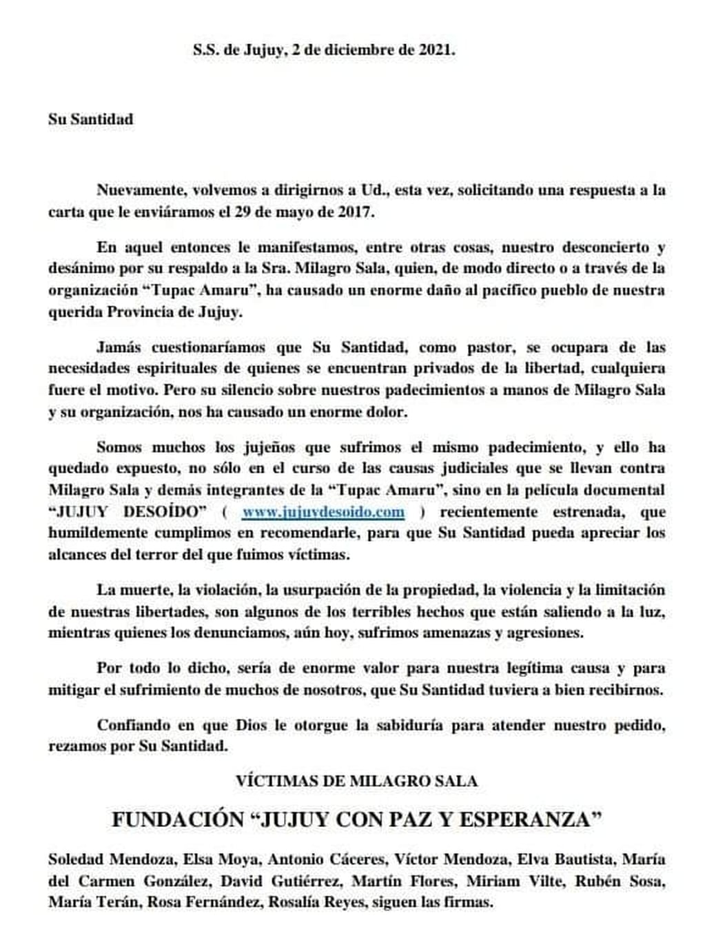 La carta dirigida al papa Francisco, remitida por la fundación "Jujuy con Paz y Esperanza" de las víctimas de Milagro Sala.