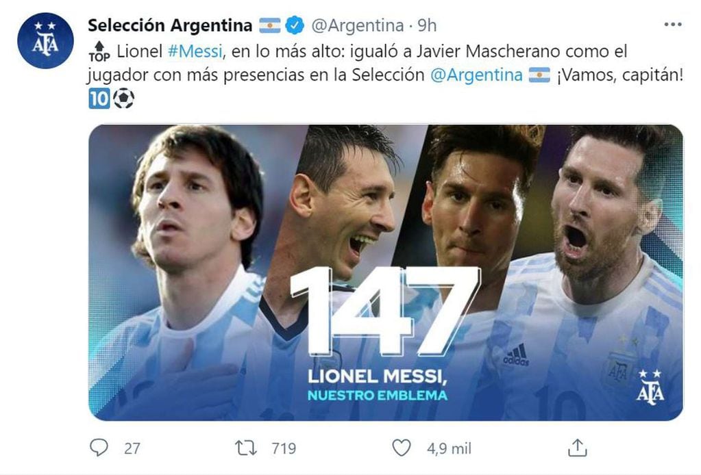 Messi alcanzó los 147 encuentros vistiendo la camiseta argentina. (Foto: Instagram)