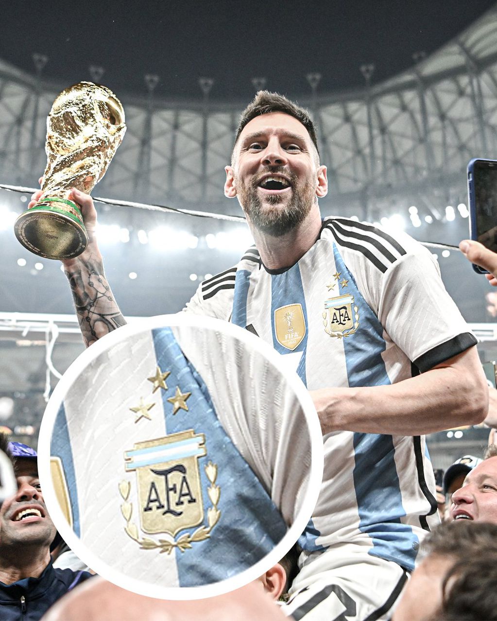 Messi sosteniendo la Copa del Mundo y festejando con sus compañeros con la remera de las tres estrellas. (Foto: Gentileza/ESPN)