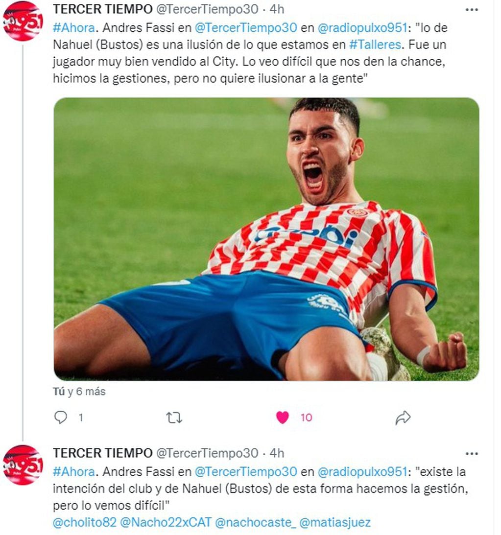 "Si fuera por Nahuel (Bustos), ya estaría con el plantel para jugar en Talleres", señaló Andrés Fassi.