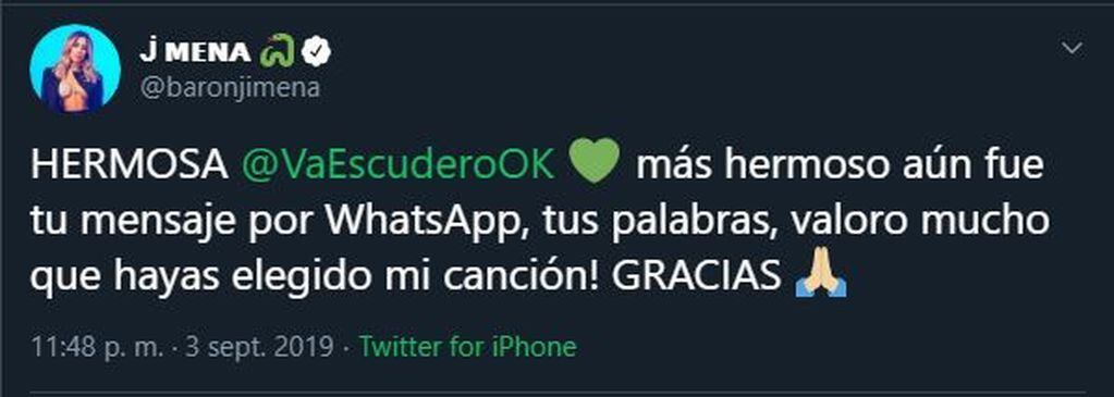 El tuit de Jimena Barón agradeciendo a Vanina Escudero (Twitter)