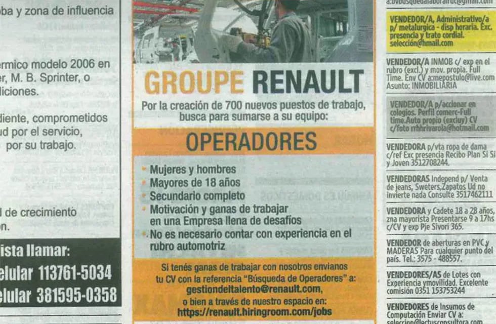 El aviso clasificado con el que Renault convoca a operarios.