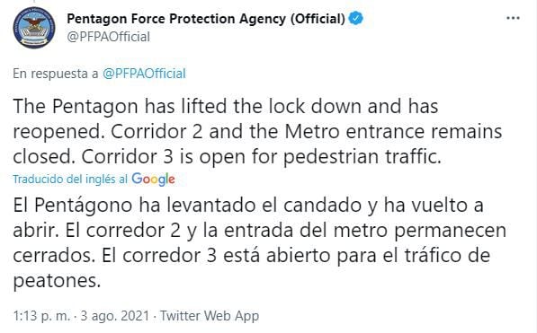 Tuit de El Pentágono informando que reabre sus puertas tras tiroteo en estación de metro cercana.