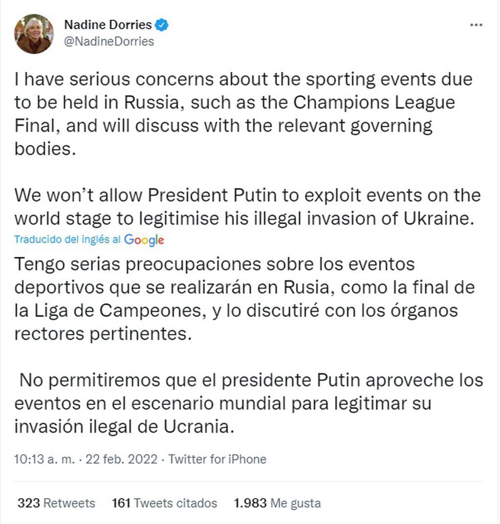 El tuit de Nadine Dorries contra la final de la Champions en Rusia.