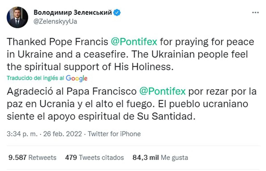 El agradecimiento del presidente de Ucrania al Papa Francisco