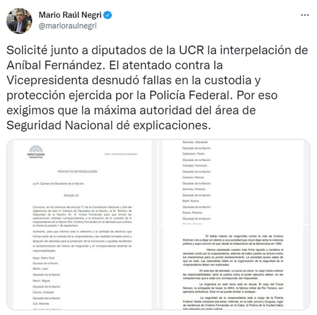 Mario Negri expresó el pedido de la UCR y la CC de que Anibal Fernández dé explicaciones en el Congreso.