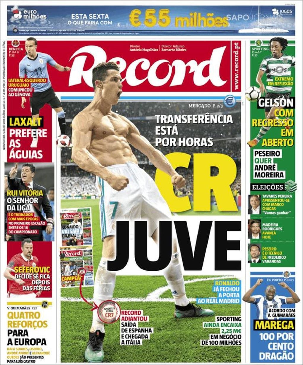 El diario portugués Récord, sobre el traspaso de Cristiano Ronaldo a la Juventus.
