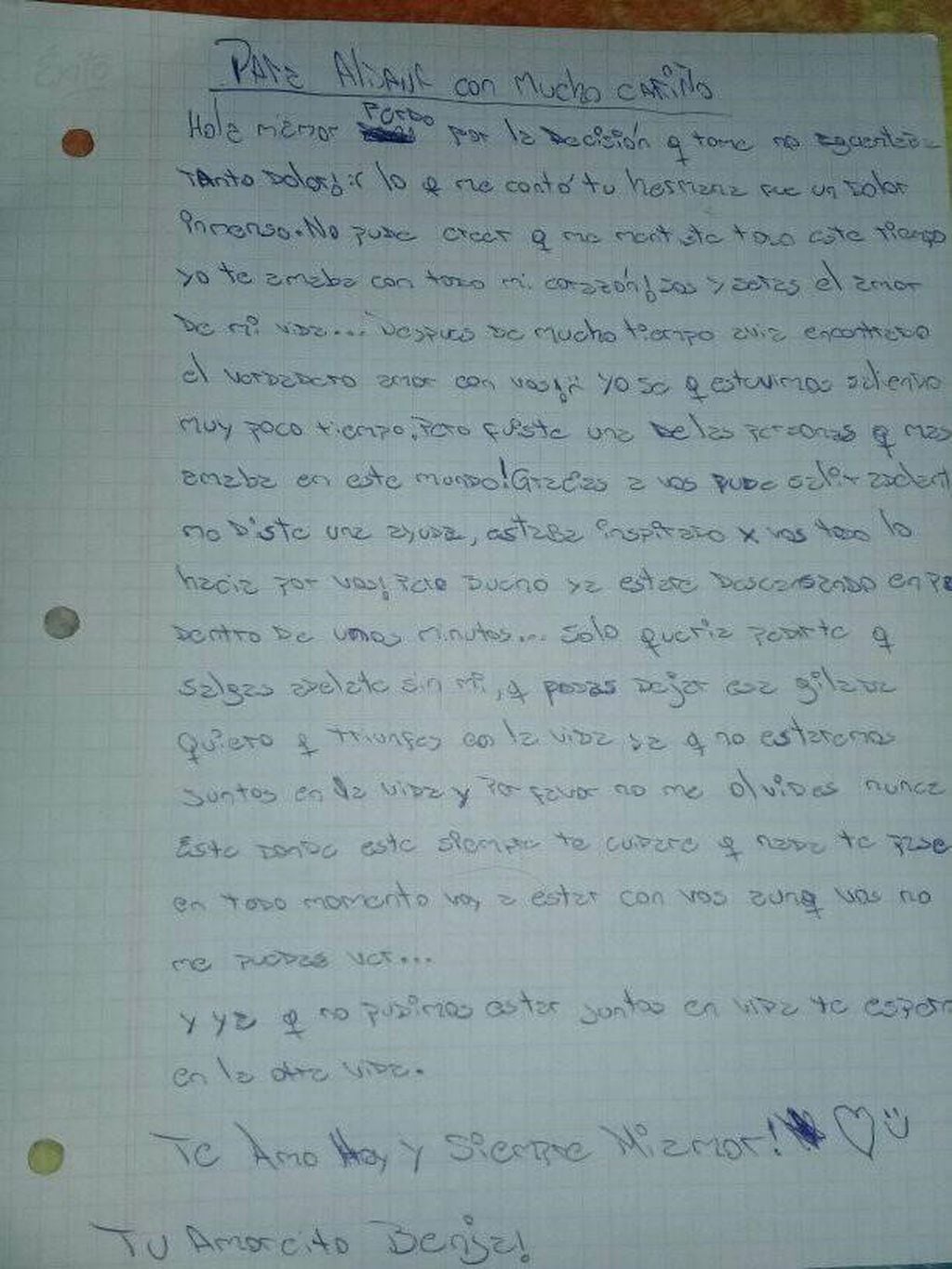 La carta que Benjamín dejó a su amor. (Facebook)