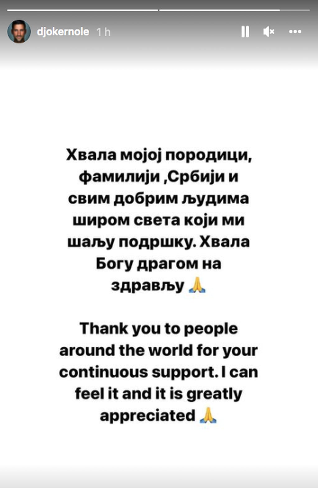 El agradecimiento de Novak Djokovic por el apoyo que recibió de sus fanáticos.