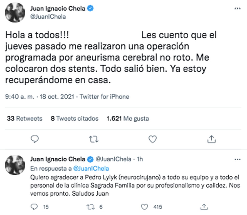 El mensaje de Juan Ignacio Chela en sus redes sociales.