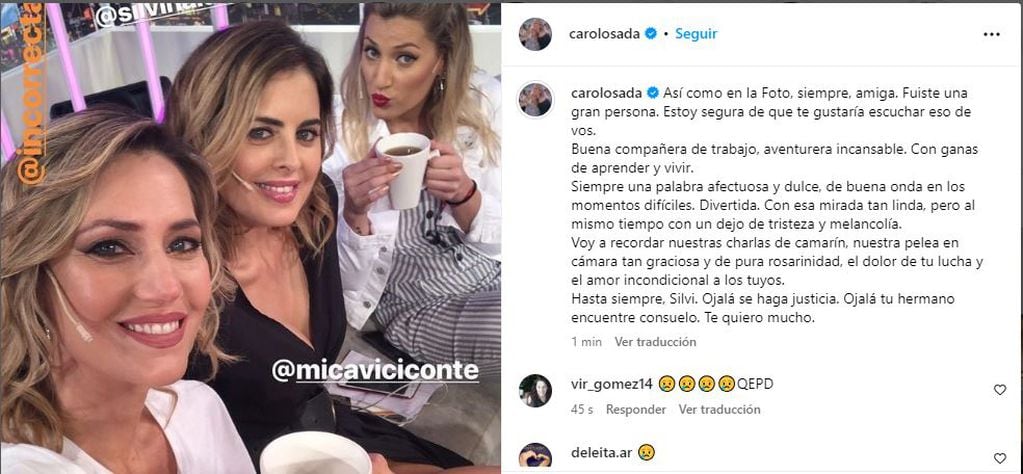 Carolina Losada despidió a Silvina Luna en las redes sociales.