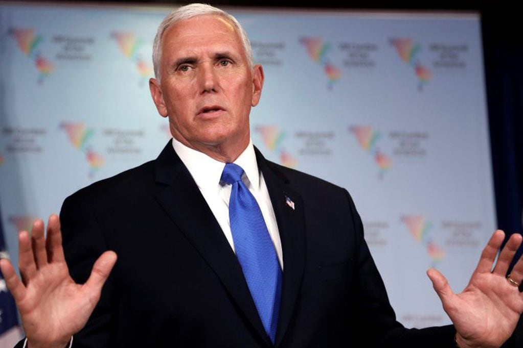 U.S. Vice President Mike Pence speaks during a press conference at the Summit of the Americas in Lima, Peru, Saturday, April 14, 2018. (AP Photo/Karel Navarro)