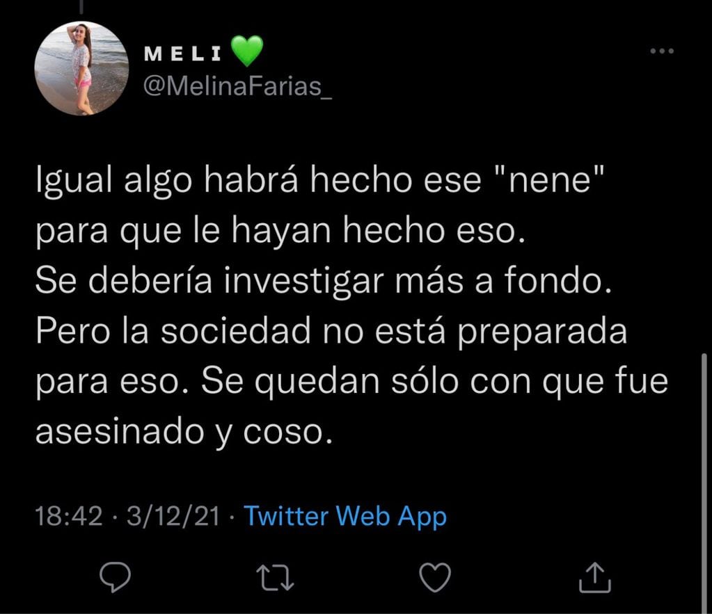 El tweet en el que Melina Farías justifica el crimen del menor.
