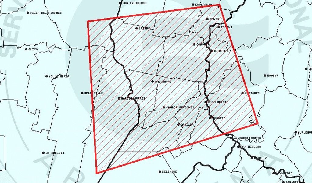 La alerta a corto plazo alcanza a Rosario y gran parte del centro de la provincia de Santa Fe (Captura de pantalla)