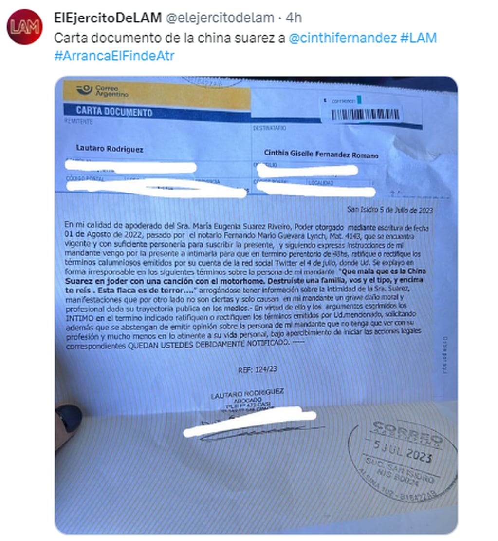 La carta documento de la China Suárez que recibió Cinthia Fernández. 