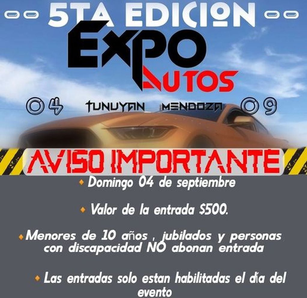 Expo Autos Tunuyán - Mendoza, se presentará el 4 de setiembre próximo en el departamento del Valle de Uco.
