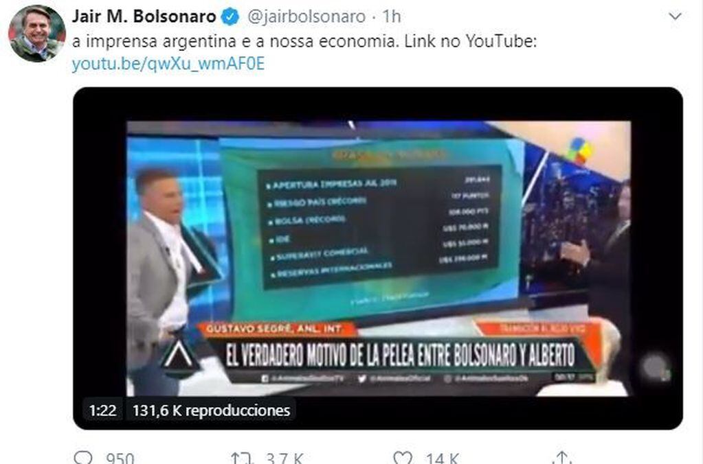 "La prensa argentina y nuestra economía", escribió el presidente de Brasil. (Twitter)