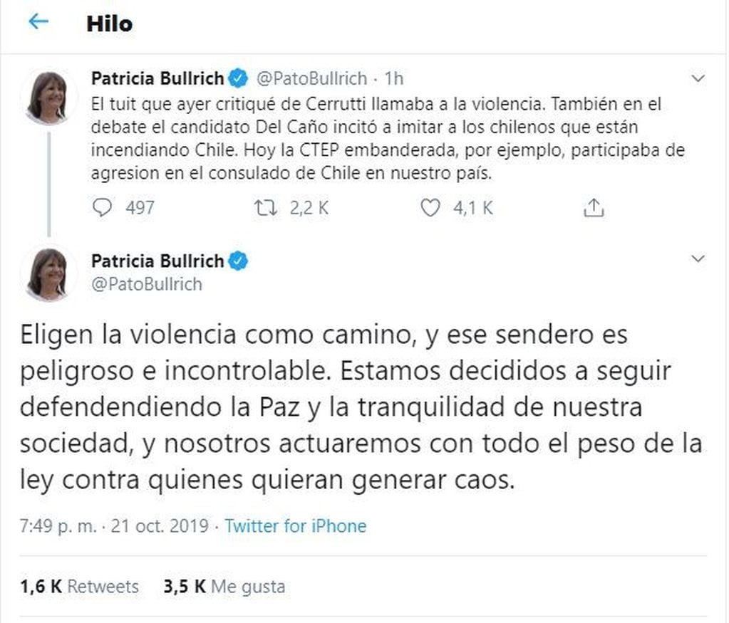 Los mensajes de la Ministra de Seguridad tras los incidentes en el Consulado de Chile. (Twitter @PatoBullrich)