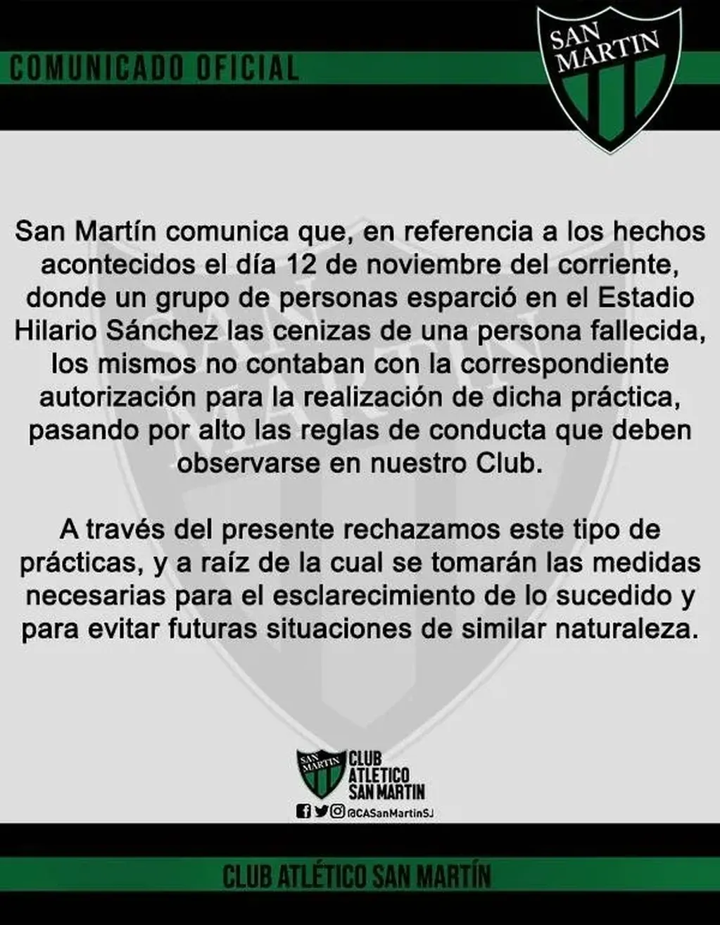 Tiró las cenizas de un difunto en la cancha de San Martín de San Juan y generó polémica en el club. El Comunicado de San Martín de San Juan.