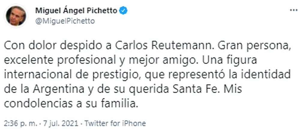 Miguel Ángel Pichetto se despidió de Carlos Reutemann a través de las redes sociales