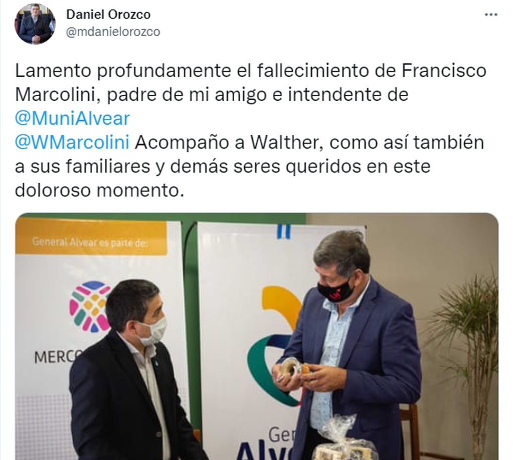 El intendente de Las Heras, Daniel Orozco expresó sus condolencias por al fallecimiento de "Pichón" Marcolini.