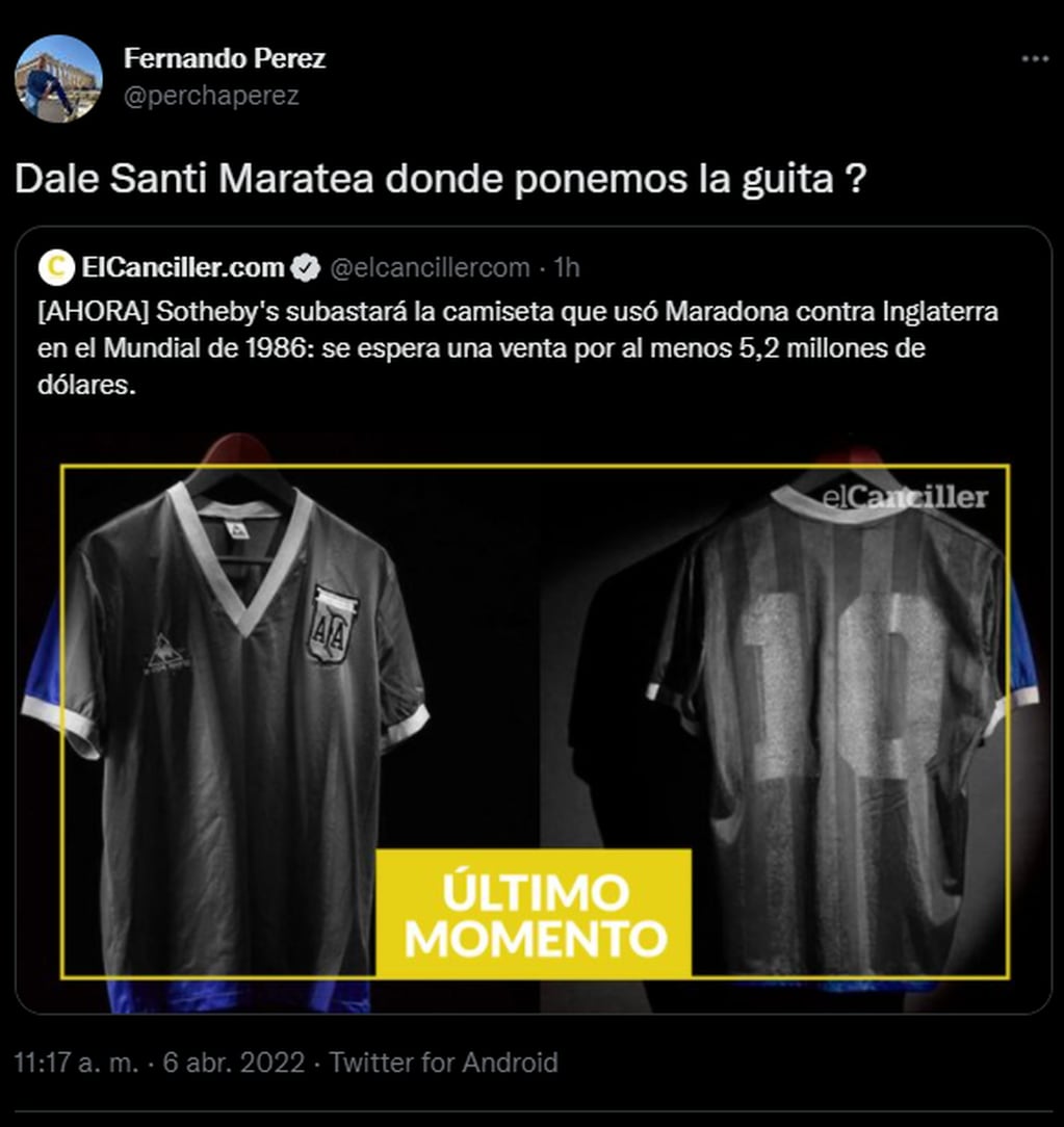 Los comentarios pidiendo por Santi Maratea para recaudar fondos por la camiseta de Maradona