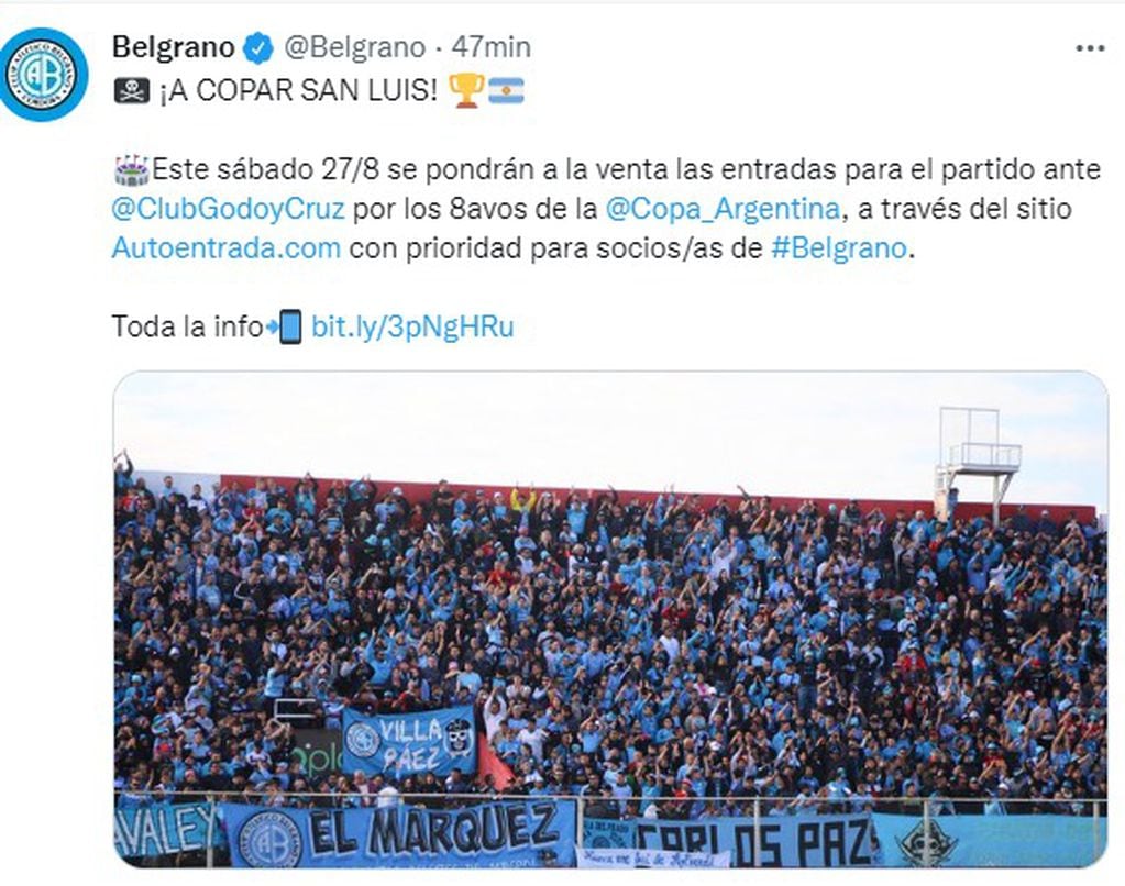 Belgrano jugará en San Luis por el pase a cuartos de Copa Argentina, y su gente lo acompañará.