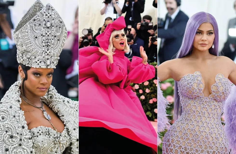 Rihanna, Lady Gaga y Kylie Jenner con algunos looks icónicos de ediciones pasadas de la Met Gala. (AP)
