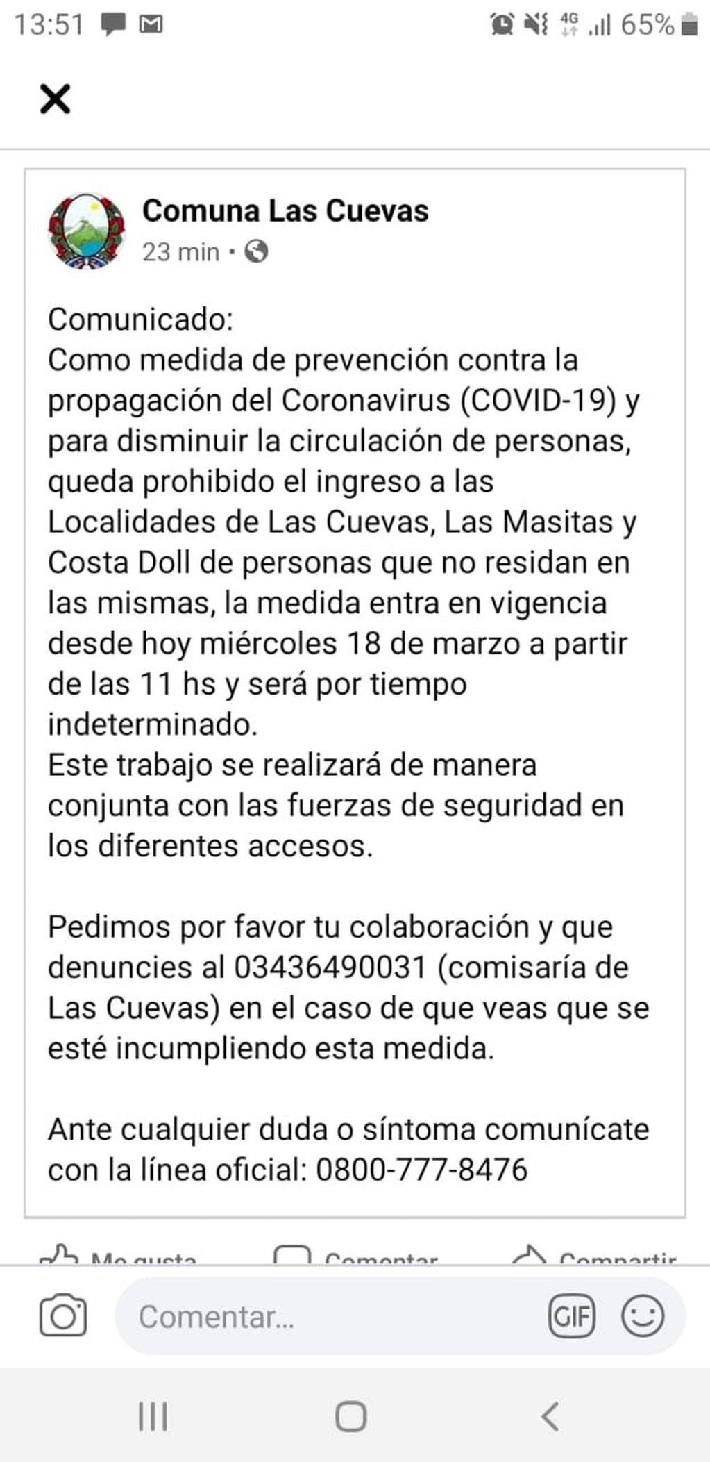 Whatsapp de Comuna de las Cuevas