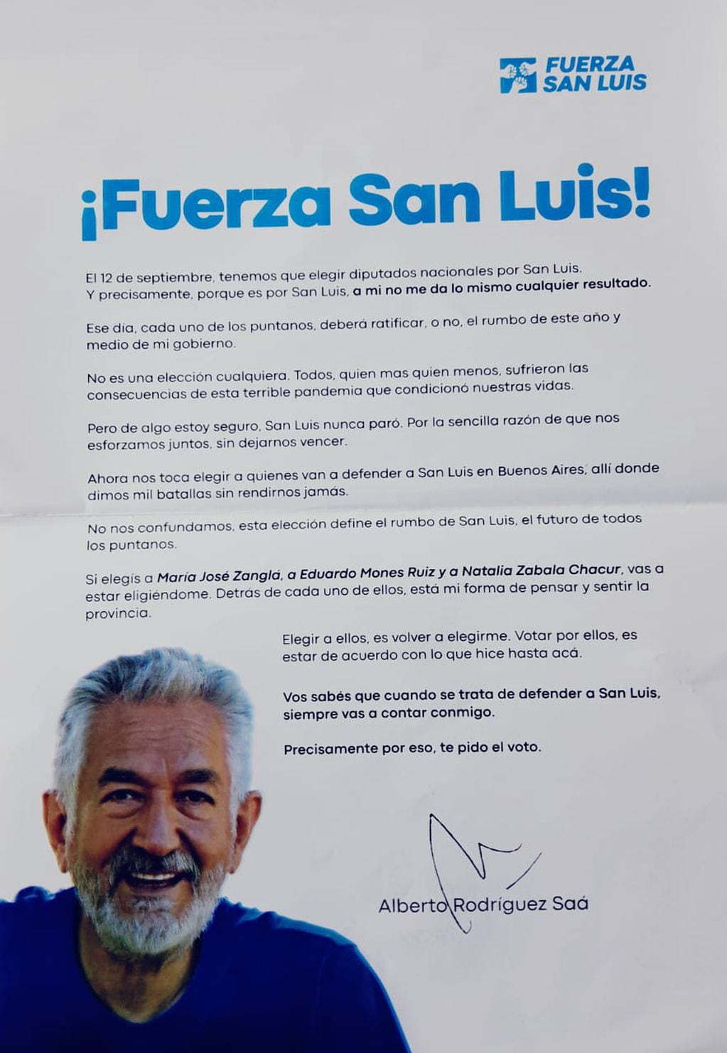 Carta de Alberto Rodríguez Saá, en campaña