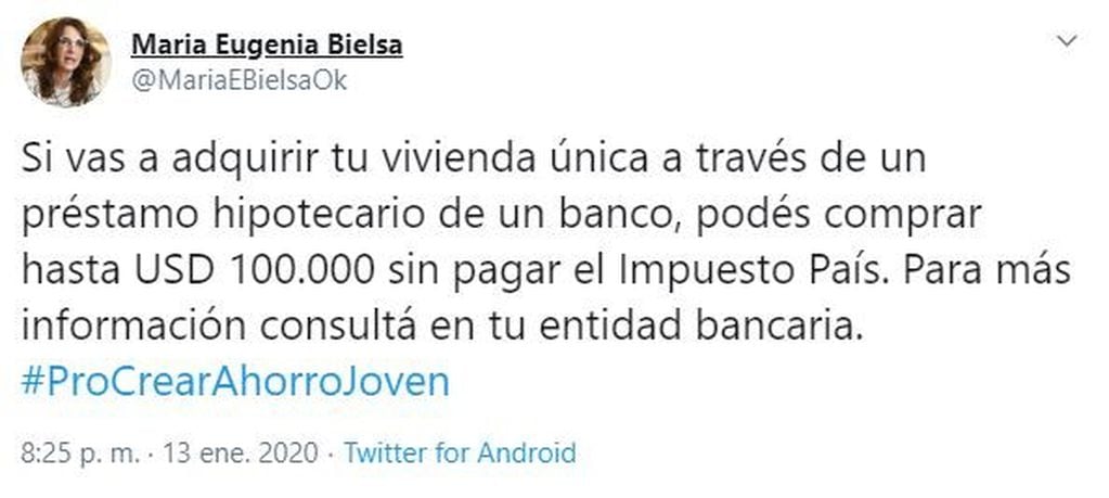 El tuit de María Eugenia Bielsa.