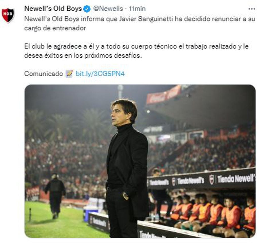 Newell's confirmó la renuncia de Javier Sanguinetti.