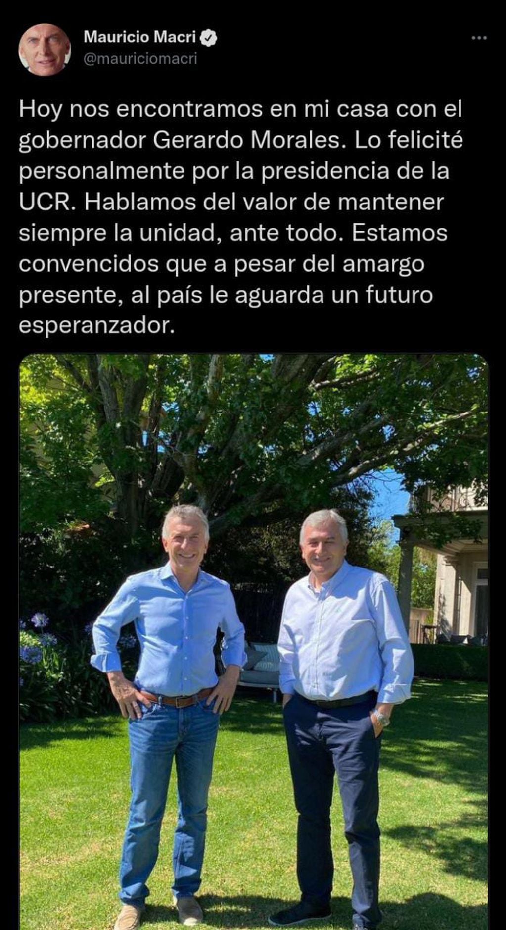 Mauricio Macri: "Estamos convencidos que a pesar del amargo presente, al país le aguarda un futuro esperanzador". (Foto: Twitter)