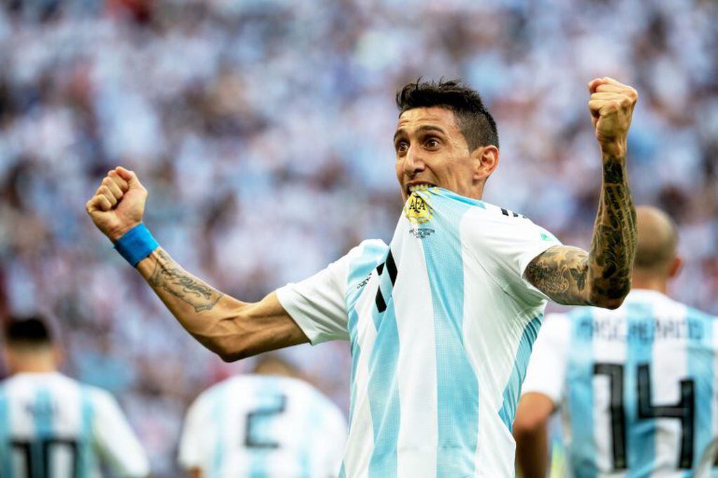 Angel Di Maria of Argentina celebrates scoring during the FIFA World Cup 2018 Round of 16 soccer match between France and Argentina, at the Kazan Arena, in Kazan, Russia, 30 June 2018. Photo: Petter Arvidson/Bildbyran via ZUMA Press/dpa