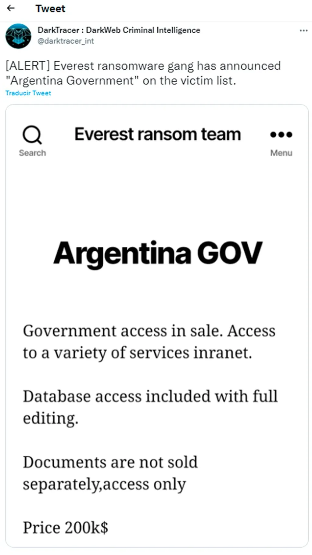 Un grupo de hackers venden la posibilidad de tener acceso a información del Gobierno. (Foto: Twitter)